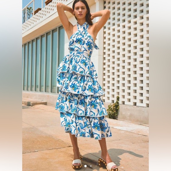 Hunter Bell Berkley Crisscross Halter Tiered Ruffle Midi Dress - Picture 1 of 9